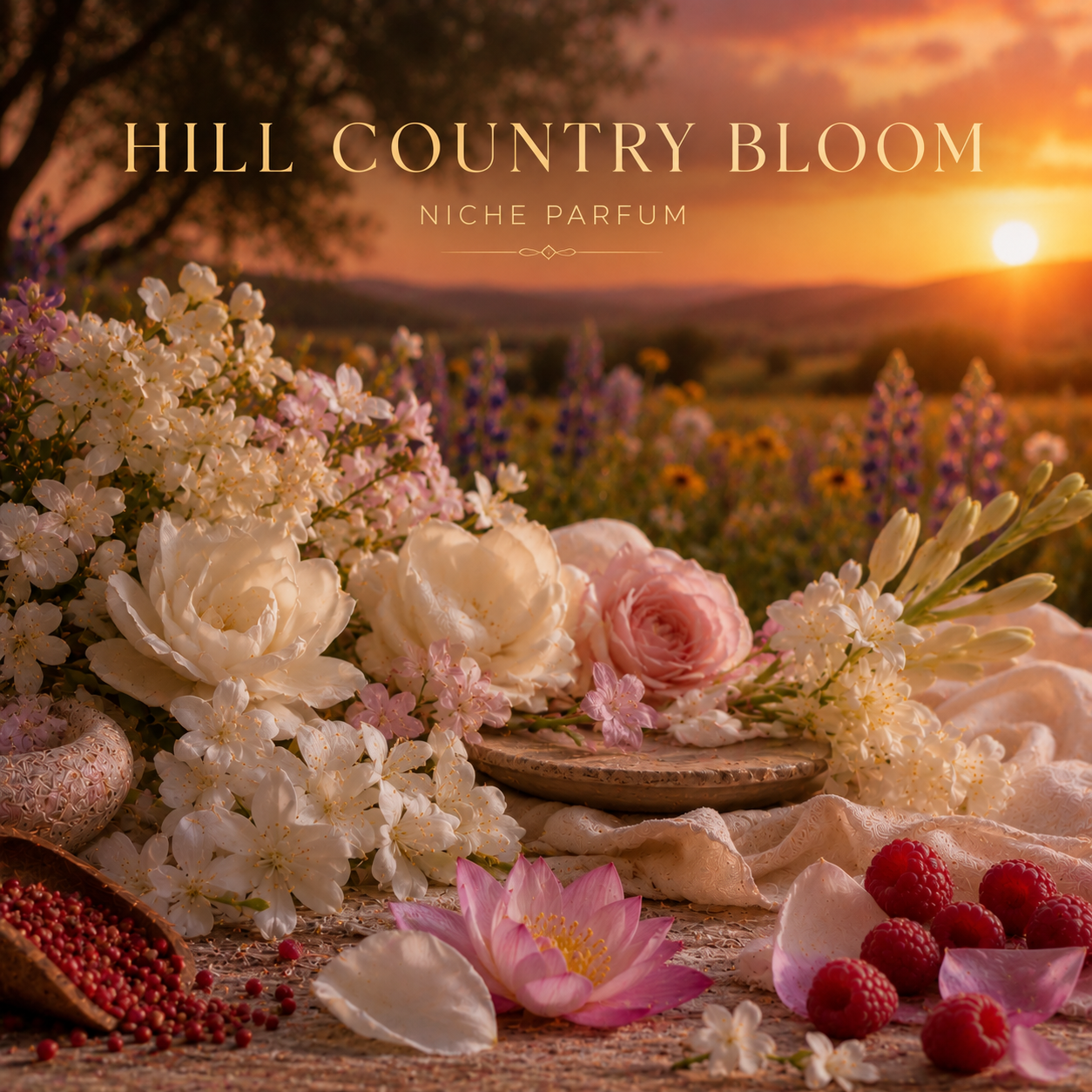 Floral arrangement with raspberries on a wooden surface, set against a scenic sunset landscape with 'Hill Country Bloom' branding.