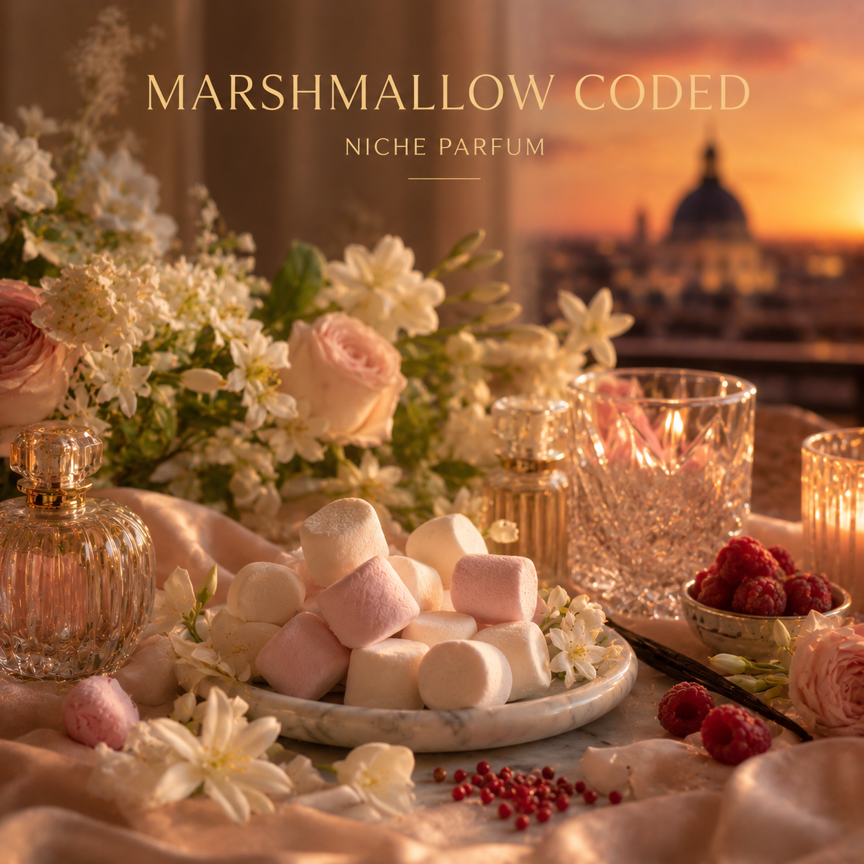 Marshmallows, flowers, and a perfume bottle with a scenic background.