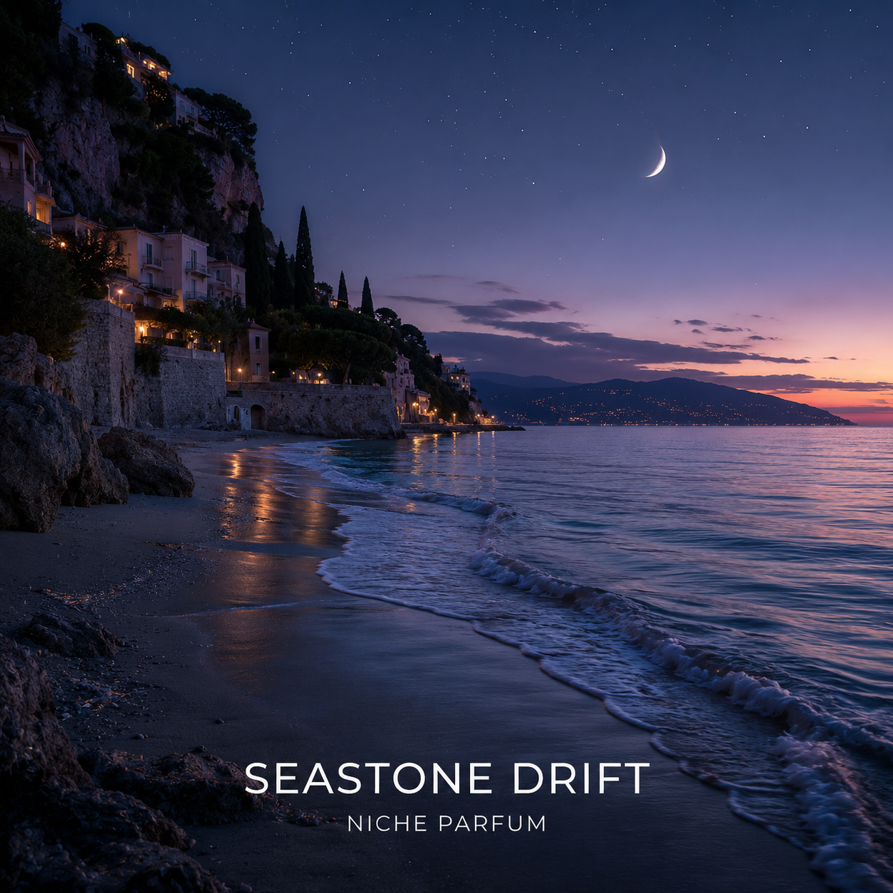 Coastal scene at night with 'Seastone Drift' niche parfum text overlay.