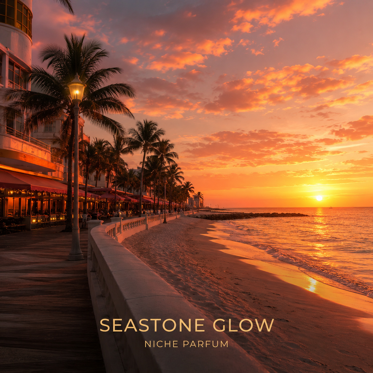 Sunset over a beach with palm trees and a building, featuring the brand 'Seastone Glow'.
